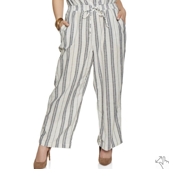 NEW•1X-2X•ZEN BOHEMIAN MODERN MINIMALIST STRIPED LINEN STYLE JUMPSUIT - Picture 4 of 16